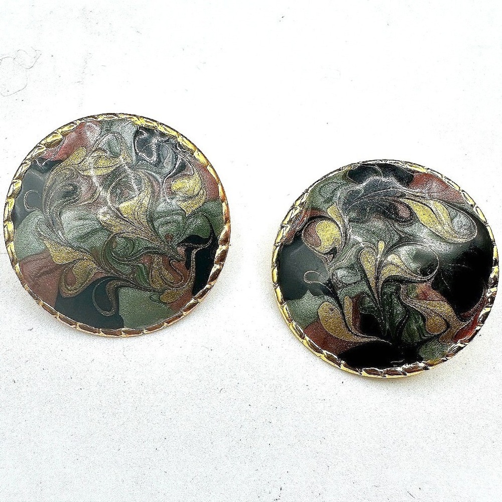 Vintage Marbled Enamel Round Earrings Gold Trim Art Deco Style